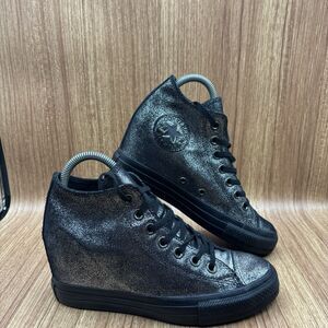 Converse CT AllStar Lux Hidden Heel Wedge Sparkle Silver‎ Black Women's Size 7.5